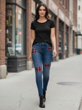 Joe Fresh Buffalo Plaid Patchwork Skinny Jeans Medium Wash Red Flannel Size 27